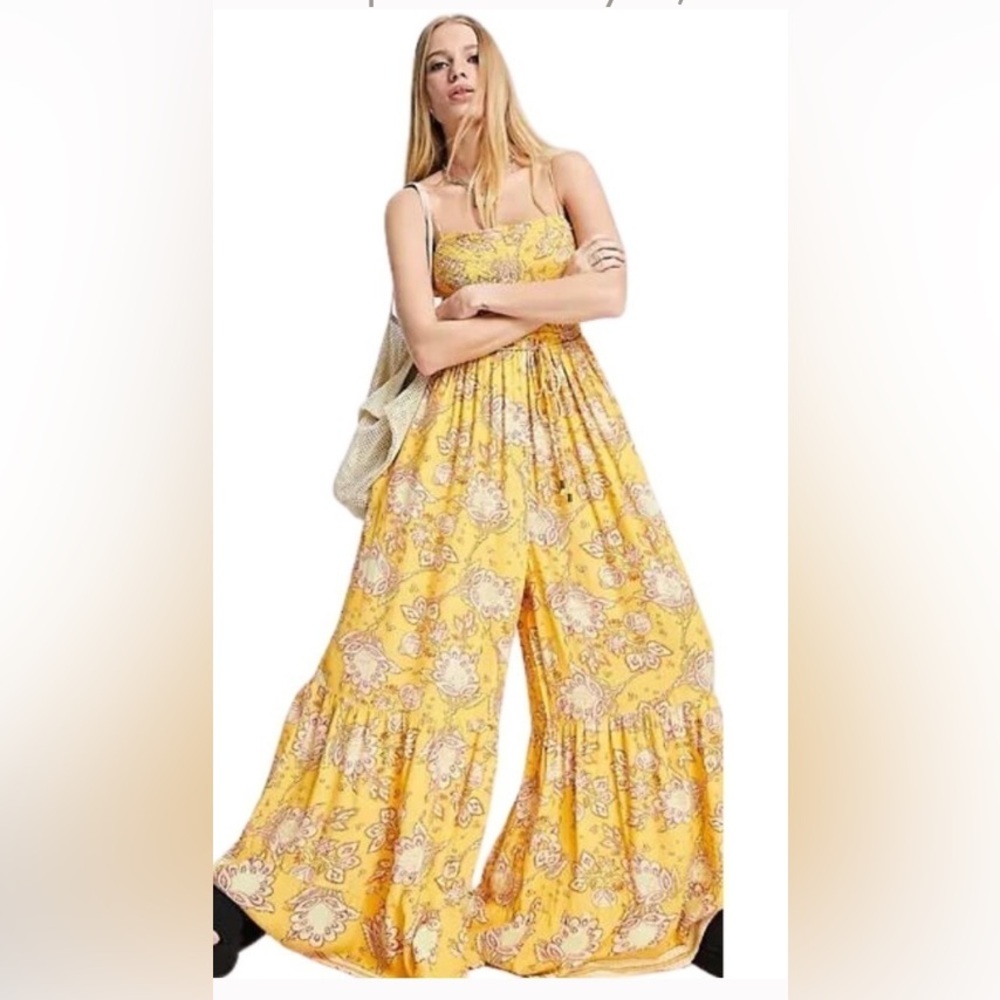 Free People “Little of Your Love Golden” Yellow Floral Wide Leg Smocked Jumpsuit